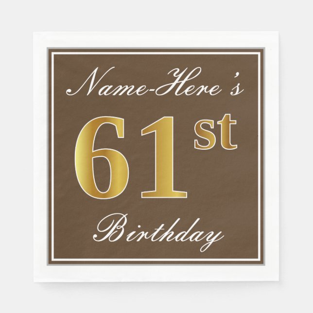 Serviette En Papier Elégant Brown, Faux Gold 61ème Anniversaire + Nom (Devant)