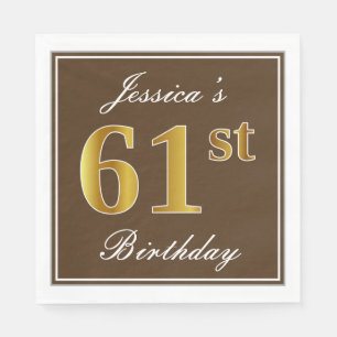 Serviette En Papier Elégant Brown, Faux Gold 61ème Anniversaire + Nom