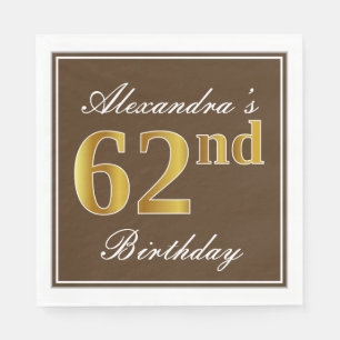 Serviette En Papier Elégant Brown, Faux Gold 62ème anniversaire + Nom