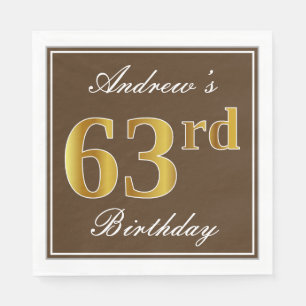 Serviette En Papier Elégant Brown, Faux Gold 63ème anniversaire + Nom