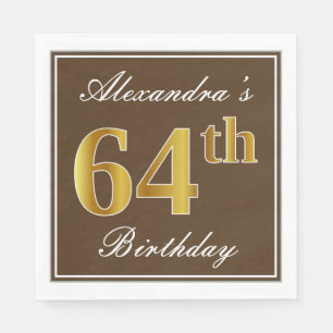 Serviette En Papier Elégant Brown, Faux Gold 64ème anniversaire + Nom