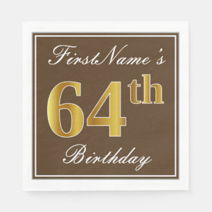 Serviette En Papier Elégant Brown, Faux Gold 64ème anniversaire + Nom