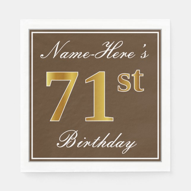 Serviette En Papier Elégant Brown, Faux Gold 71ème Anniversaire + Nom (Devant)
