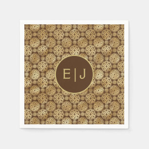 Serviette En Papier Élégant Brown & Or Dahlias Motif Monogramme