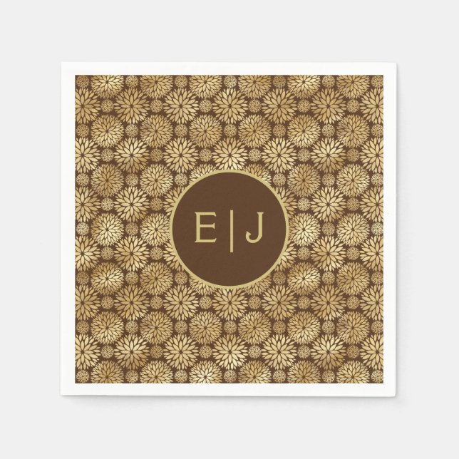 Serviette En Papier Élégant Brown & Or Dahlias Motif Monogramme (Devant)