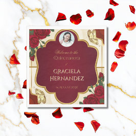 Serviette En Papier Elegant Burgundy Red & Gold Rose Quinceañera 