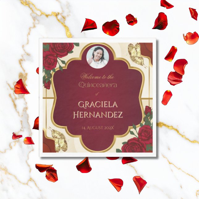 Serviette En Papier Elegant Burgundy Red & Gold Rose Quinceañera  (Créateur téléchargé)