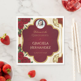 Serviette En Papier Elegant Burgundy Red & Gold Rose Quinceañera 