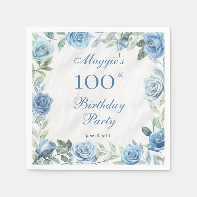 Serviette En Papier Elégant cadre floral bleu 100e fête d'anniversaire (Devant)