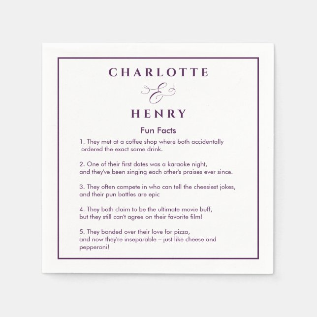 Serviette En Papier Élégant cadre Fun Faits Violet & Blanc Mariage (Devant)