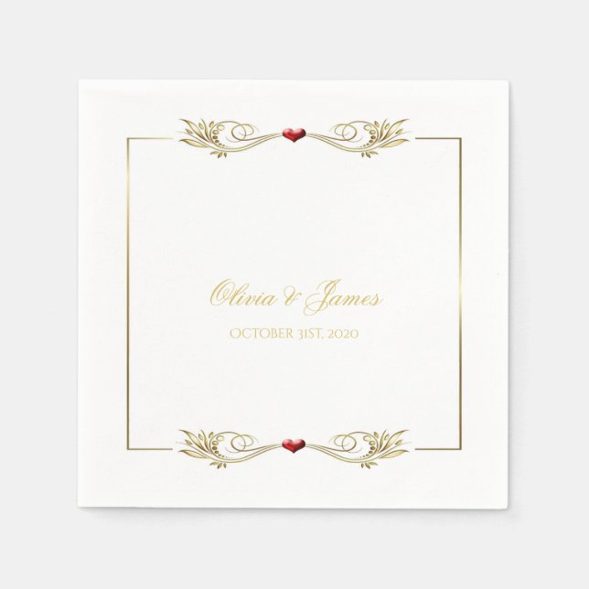 Serviette En Papier Elégant cadre or Rouge Heart Mariage serviettes (Devant)