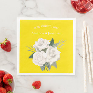 Serviette En Papier Elégant canari jaune et blanc Roses Mariage