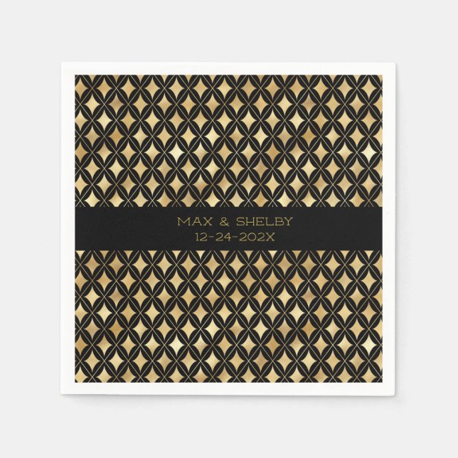 Serviette En Papier Élégant Carnaval Noir & Or Harlequin Personnalisé (Devant)