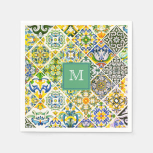 Serviette En Papier Elégant carrelage vert méditerranéen sicilien