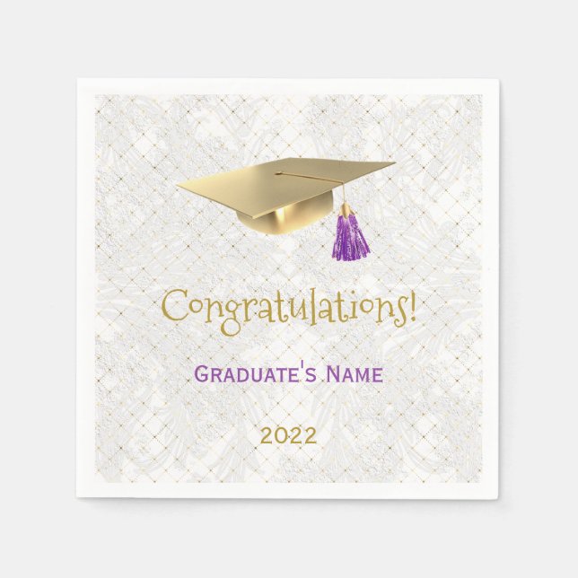 Serviette En Papier Elégant Casquette d'or violet Félicitations Gradua (Devant)