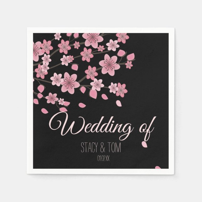 Serviette En Papier Élégant cerisier Fleur Arbre Pétales Mariage noir (Devant)