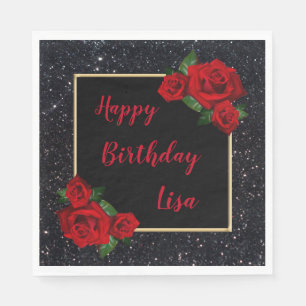 Serviette En Papier Élégant Chic Fleurs Rouge Pailleté Noir Anniversai