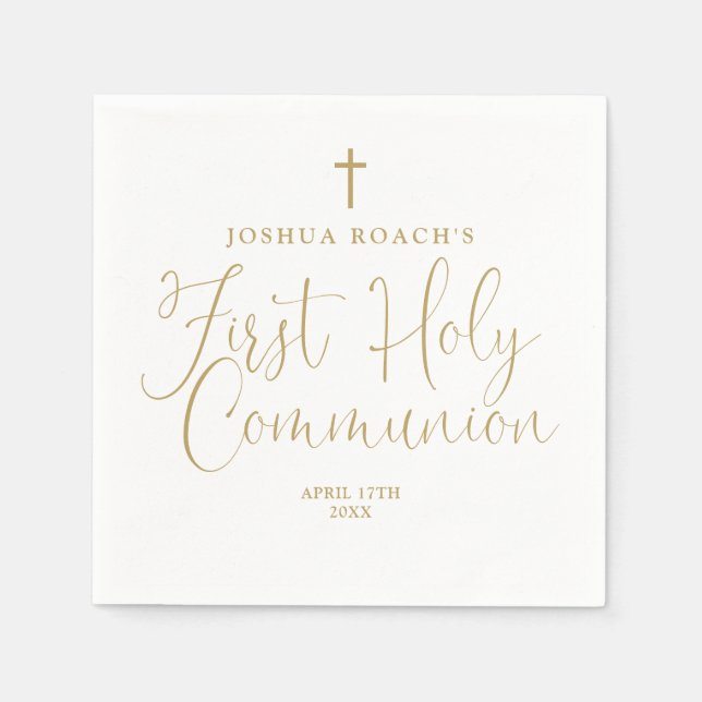 Serviette En Papier Élégant Chic Gold Script Première Sainte Communion (Devant)