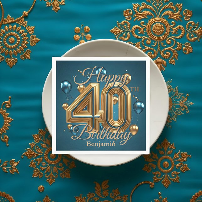Serviette En Papier Elégant Chic Luxueux Bleu et Or 40e anniversaire (Créateur téléchargé)