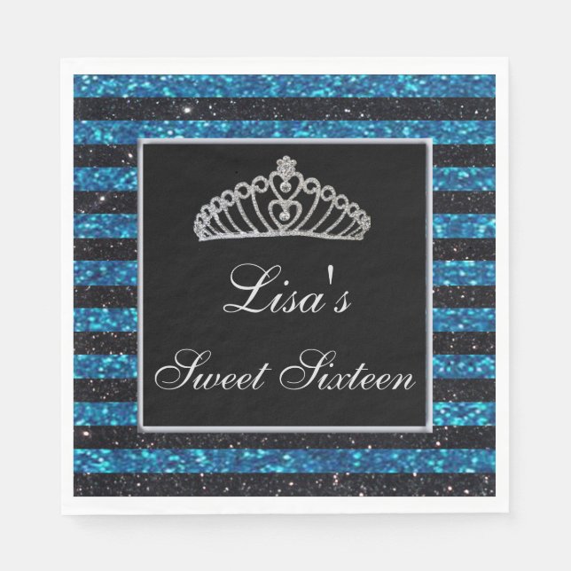 Serviette En Papier Élégant Chic Parties scintillant Bleu Noir Tiara S (Devant)
