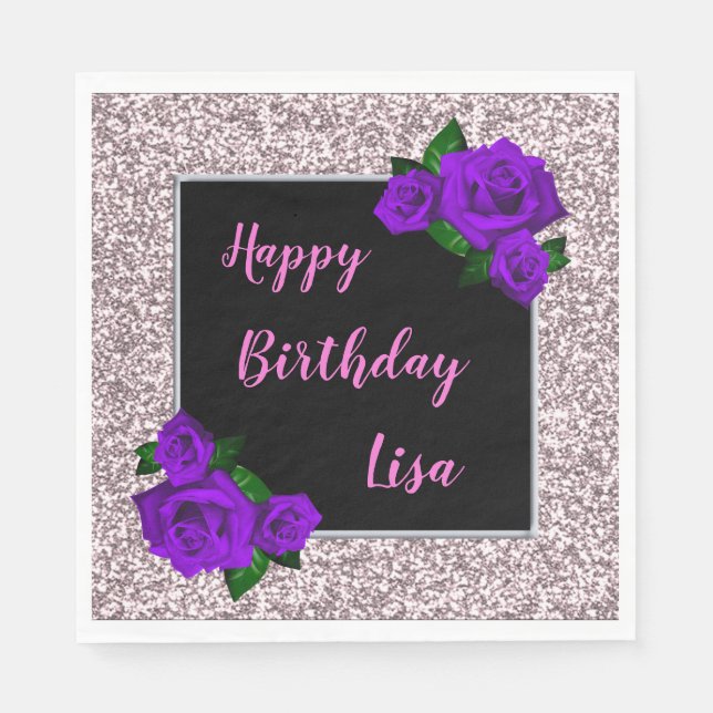 Serviette En Papier Elégant Chic Parties scintillant Rose violet Roses (Devant)