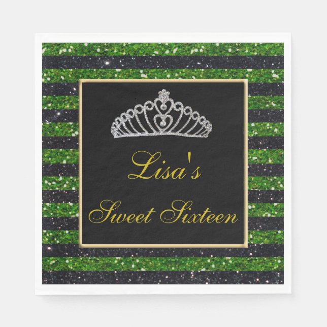 Serviette En Papier Élégant Chic Parties scintillant verte noire Tiara (Devant)