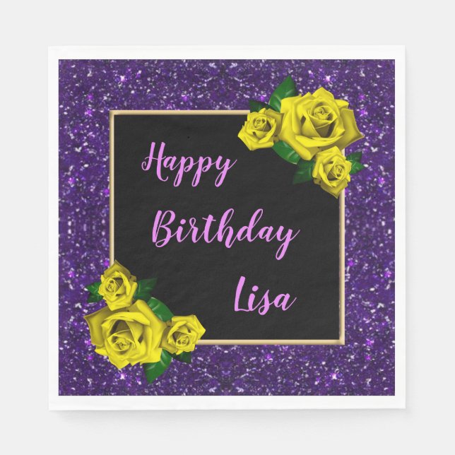 Serviette En Papier Elégant Chic Purple Parties scintillant Roses Jaun (Devant)