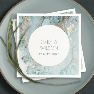SERVIETTE EN PAPIER ELEGANT CLASSE AQUA BLEU PAUSSE OR AGATE MARIAGE 