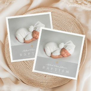 Serviette En Papier Élégant croix religieuse Grey Photo Baptême
