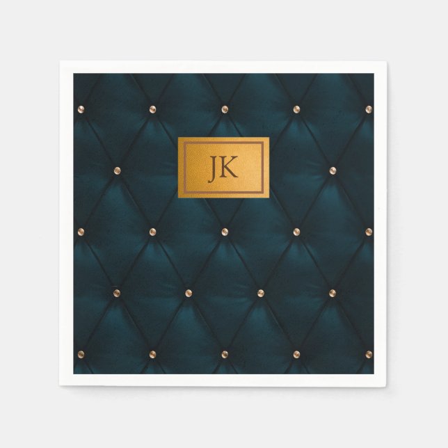Serviette En Papier Élégant Cuir Vert, Diamants, Monogramme (Devant)