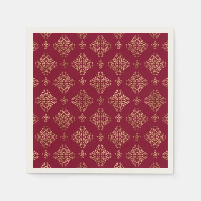 Serviette En Papier Élégant Damas Or Sur Papier Bourgogne (Devant)