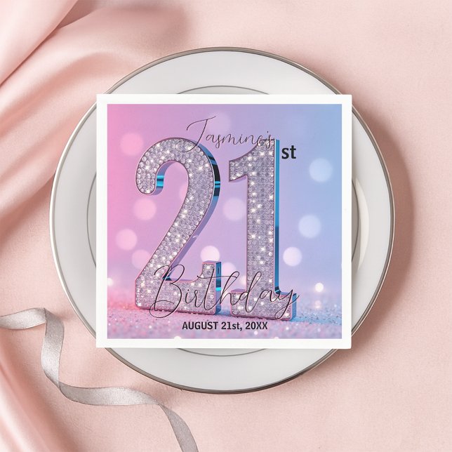 Serviette En Papier Élégant diamant rose brillant 21e anniversaire (Créateur téléchargé)