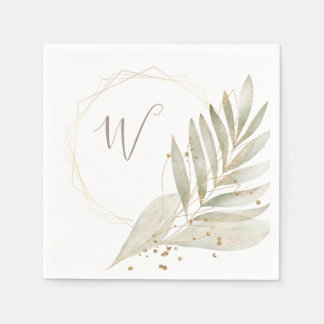 Serviette En Papier Elégant doré et verdure & Monogramme personnalisé