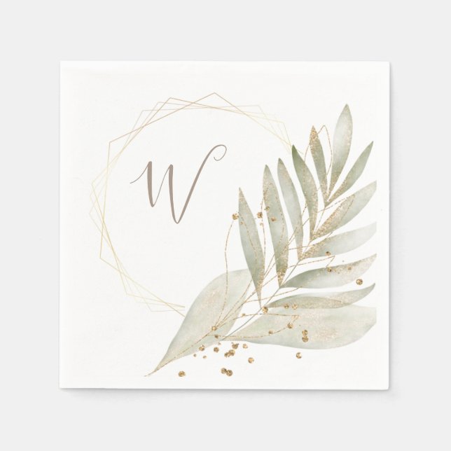 Serviette En Papier Elégant doré et verdure & Monogramme personnalisé (Devant)