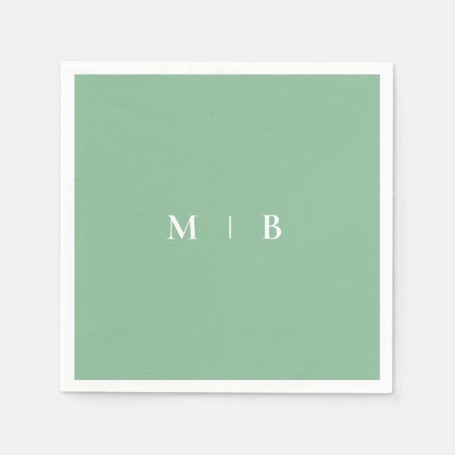 Serviette En Papier Élégant Été Simple Vert & Blanc Monogramme (Devant)