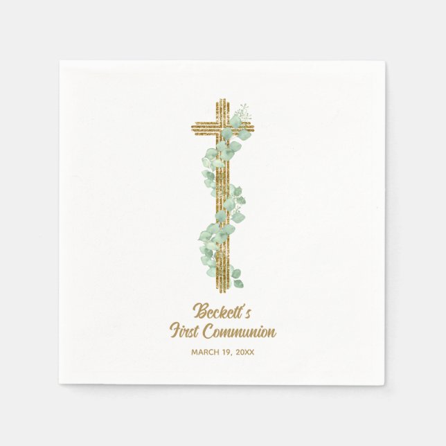 Serviette En Papier Elegant Eucalyptus and Cross First Communion (Devant)
