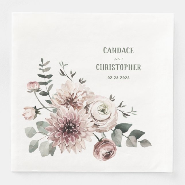Serviette En Papier Elégant Eucalyptus Blush Rose Ranunculus & Dahlias (Devant)