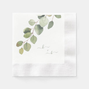 Serviette En Papier Élégant Eucalyptus Couple Initiales Mariage