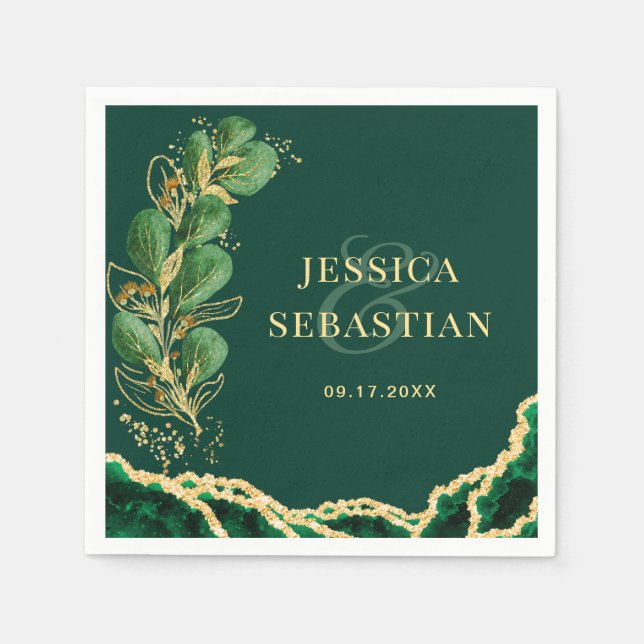 Serviette En Papier Élégant Eucalyptus Emerald Mariage vert et or (Devant)