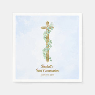 Serviette En Papier Elégant Eucalyptus et Croix Bleue Première Communi