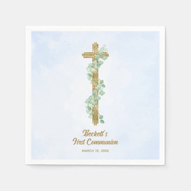 Serviette En Papier Elégant Eucalyptus et Croix Bleue Première Communi (Devant)