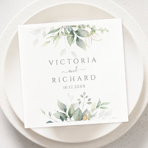 Serviette En Papier Elégant Eucalyptus Feuille Mariage or vert