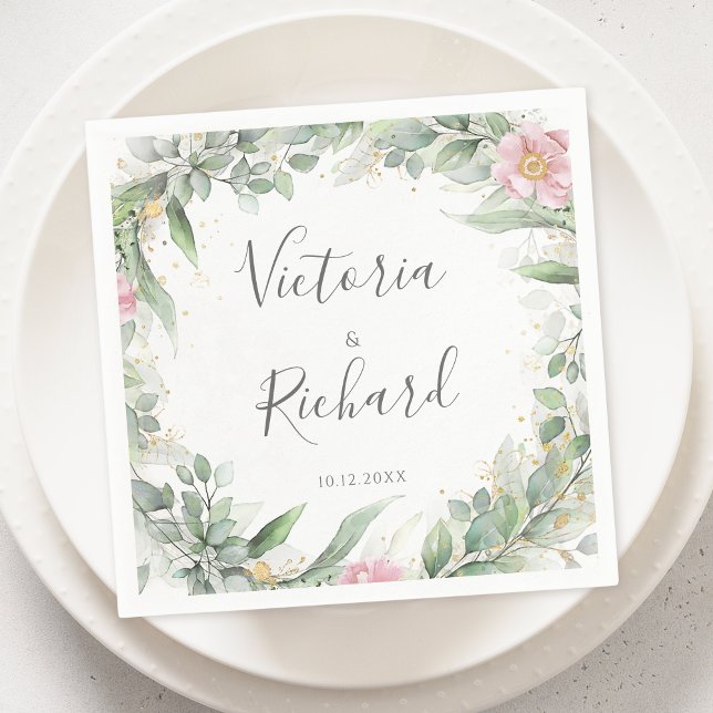 Serviette En Papier Elégant Eucalyptus Feuille Mariage or vert (Créateur téléchargé)