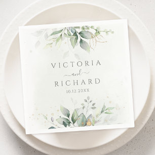 Serviette En Papier Elégant Eucalyptus Feuille Mariage or vert