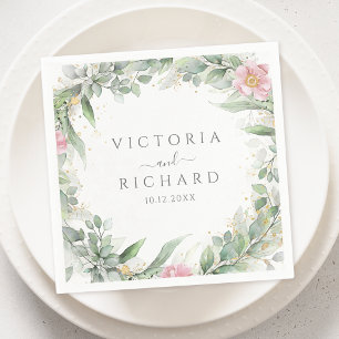 Serviette En Papier Elégant Eucalyptus Feuille Mariage or vert