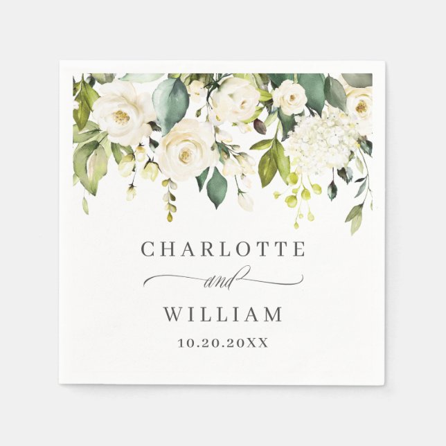 Serviette En Papier Elégant Eucalyptus Roses Blanches Mariage Floral (Devant)