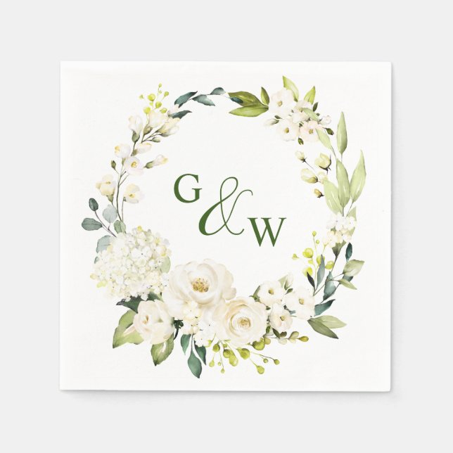 Serviette En Papier Elégant Eucalyptus Roses Blanches Mariage Floral (Devant)