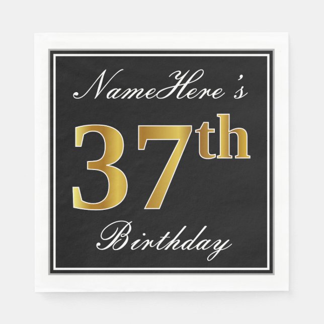 Serviette En Papier Elégant, Faux Gold 37e anniversaire + Nom personna (Devant)
