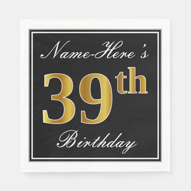 Serviette En Papier Elégant, Faux Gold 39e anniversaire + Nom personna (Devant)