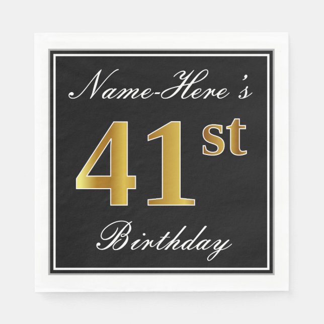 Serviette En Papier Elégant, Faux Gold 41ème Anniversaire + Nom person (Devant)